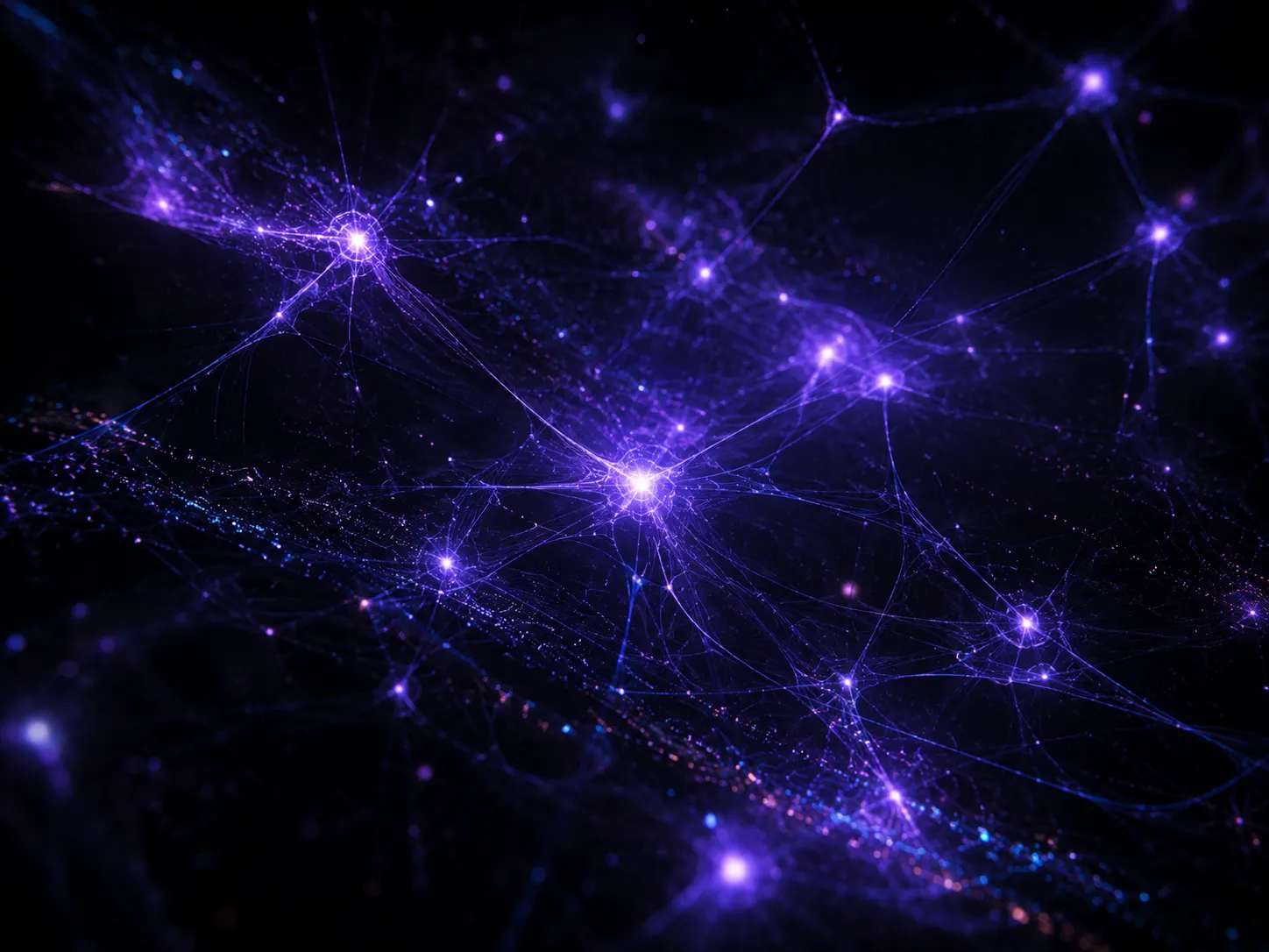 Rede neural abstrata em violeta com nós luminosos interconectados
