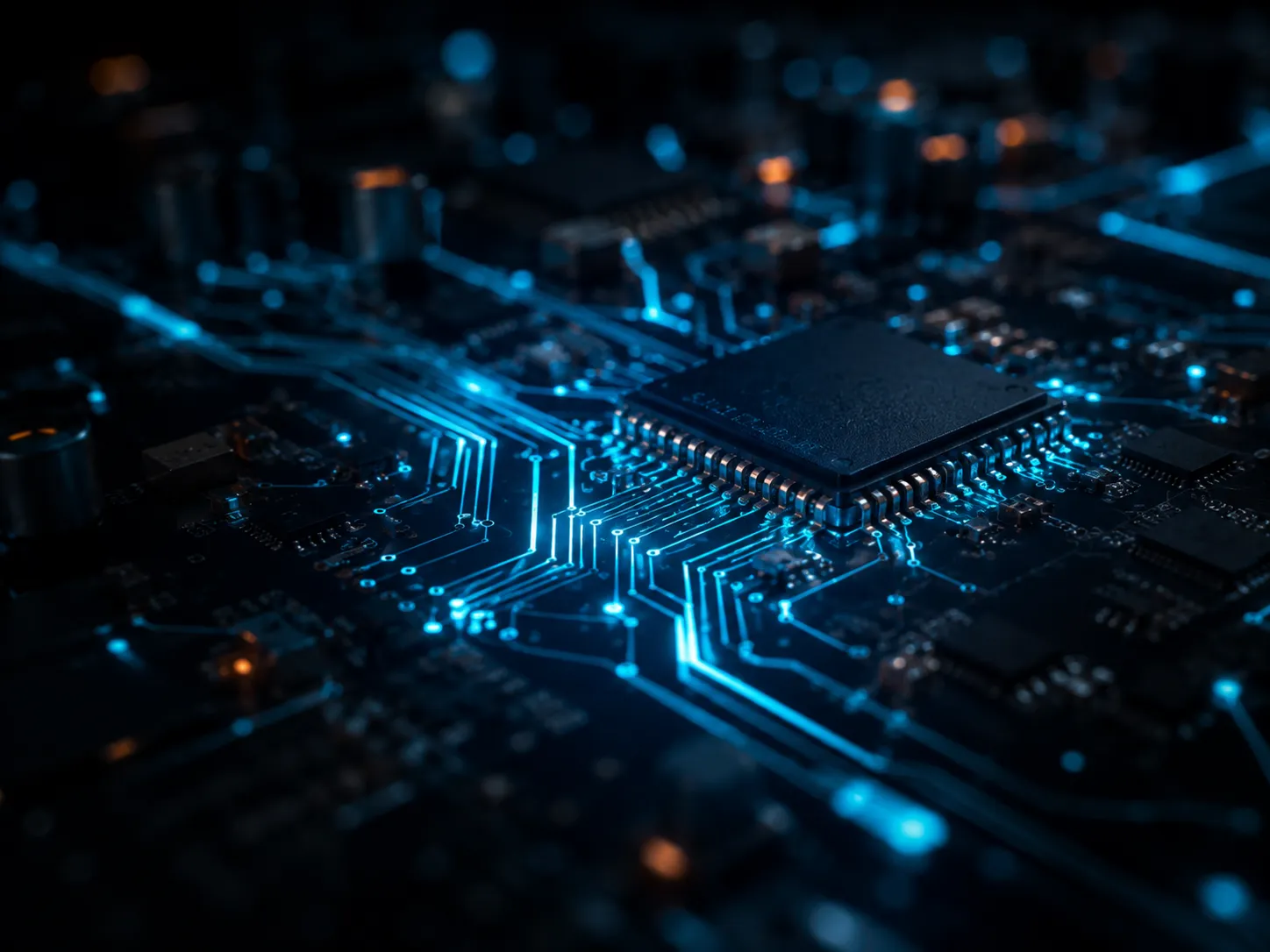 Macro de placa de circuito com trilhas iluminadas em ciano