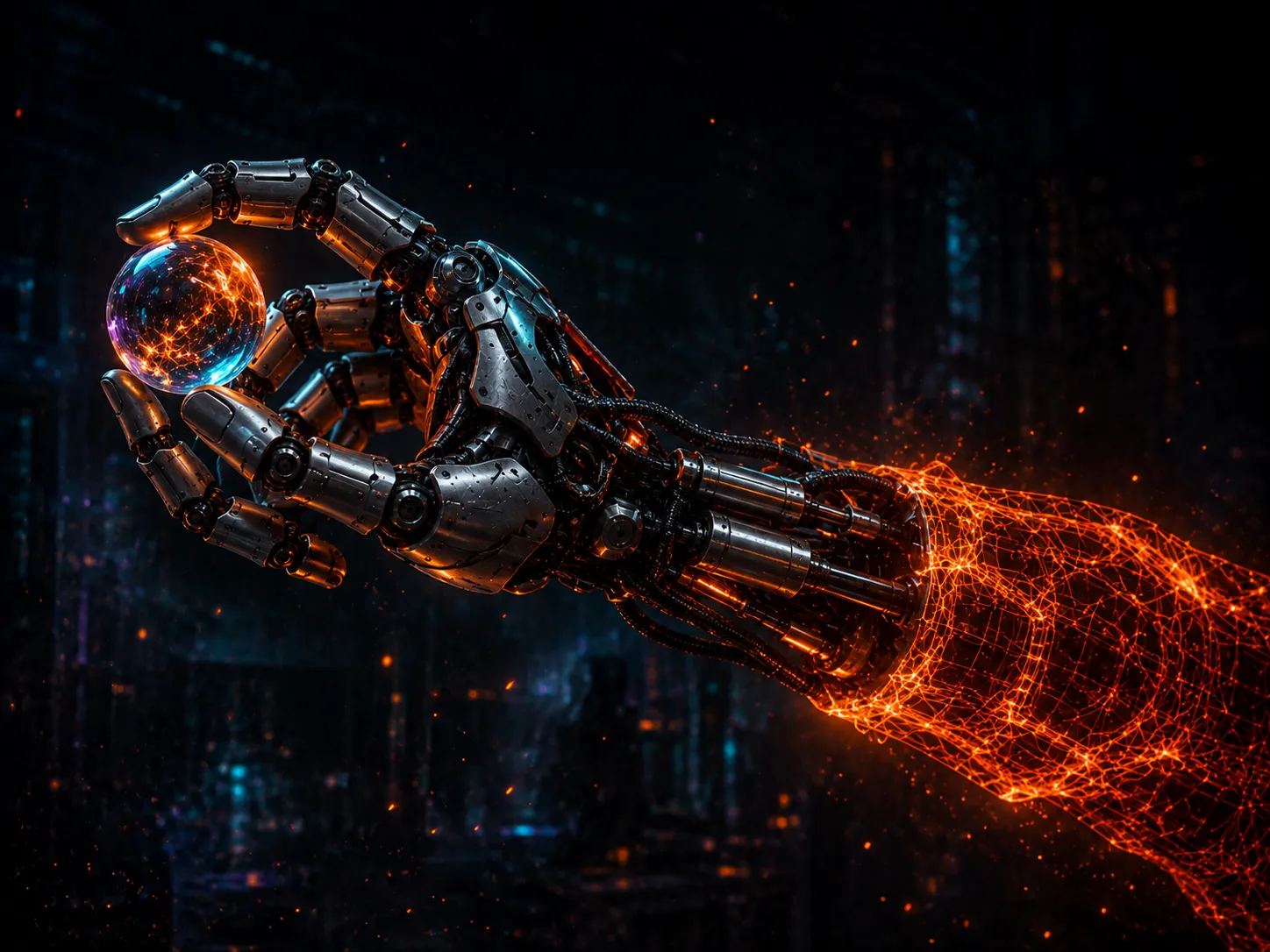 Mão robótica articulada segurando uma esfera de vidro, com antebraço dissolvendo-se em wireframe laranja