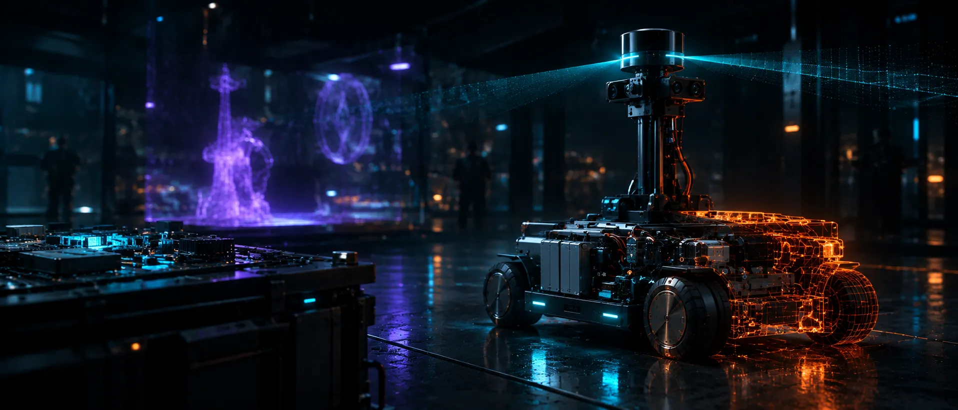 Robô móvel autônomo em montagem no laboratório, com sensor LiDAR, circuitos ciano e projeções violeta ao fundo
